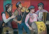 Roman Sielski, WIEJSCY MUZYKANCI, 1978, olej, płótno naklejone na tekturę