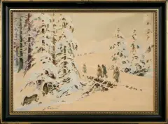 Stanisław Gibiński, MYŚLIWI W ZIMOWYM LESIE, akwarela, ołówek, papier