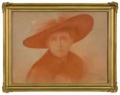 Piotr Stachiewicz, PORTRET PANI W SZEROKOSKRZYDŁYM KAPELUSZU, 1917, sangwina, papier