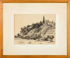 Leonia Janecka, PANORAMA SANDOMIERZA Z DOMEM DŁUGOSZA, LATA 50. X, tusz pióro, papier kremowy