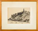 Leonia Janecka, PANORAMA SANDOMIERZA Z DOMEM DŁUGOSZA, LATA 50. X, tusz pióro, papier kremowy