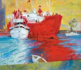STATEK POŻARNICZY W GOETEBORGU by Jan Szancenbach, 1996, olej, płótno, sold Apr 2016