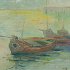 Jan Rubczak, BARKI W DZIEŃ DESZCZOWY W QUIBORN, 1910, olej, tektura