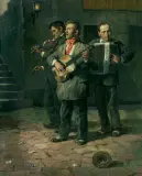 Lajos Markos, KAPELA ULICZNA, przed 1939, olej, płótno