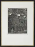 Paweł Steller, Kamieniczki zabytkowe w rynku opolskim, 1959, drzeworyt, papier