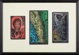 Janina Kraupe, Tryptyk, linoryt barwny, papier czarny