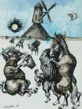 Jan Lebensztejn, SZKIC ILUSTRACJI DO FOLWARKU ZWIERZĘCEGO, 1974, tusz pióro, akwarela, flamaster, papier kredowy
