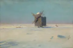 Stanisław Straszkiewicz, WIATRAK NA ŚNIEŻNYM STEPIE, 1924, olej, płótno