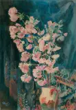 Leon Wyczółkowski, KWIATY W DZBANKU NA TLE WZORZYSTEJ TKANINY, 1903, akwarela, gwasz, pastel, papier