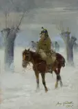 KIRASJER W ODWROCIE SPOD MOSKWY by Jerzy Kossak, 1936, olej, sklejka, sold Dec 2015