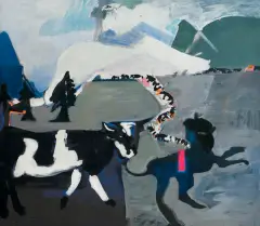 Teresa Pągowska, Z CYKLU WAKACJE NA PODGÓRZU-POWRÓT STADA, 1989, tempera, akryl, płótno