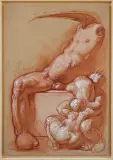 AKT Z DZIOBEM by Franciszek Starowieyski, 1988, gwasz, akryl, papier naklejony na płótno, sold Nov 2015