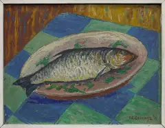 Tadeusz Gąsiewicz, Martwa natura (Ryba), 1949, olej, sklejka
