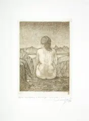 PEJZAŻ RENESANSOWY Z DZIEWCZYNĄ by Leszek Rózga, 1976, akwaforta sepiowa, papier, offered Oct 2015
