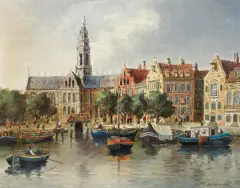 MIASTO W HOLANDII by Erich Demmin, olej, deska, sold Oct 2015