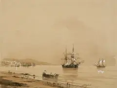 Iwan Konstantinowicz Ajwazowski, ŻAGLOWCE NA REDZIE, ok. 1850, sepia, gwasz