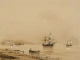 Iwan Konstantinowicz Ajwazowski, ŻAGLOWCE NA REDZIE, ok. 1850, sepia, gwasz