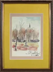 Jerzy Duda-Gracz, Widok z wałów na plac przedklasztorny, 1956, akwarela, tusz, pióro, papier