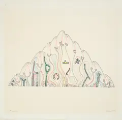 Andrzej Dłużniewski, Siódma góra, 1985, tusz pióro, flamaster, kredki, papier kremowy