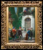 Carl Schultheiss, MUZYKANCI PRZED PAŁACEM, olej, tektura