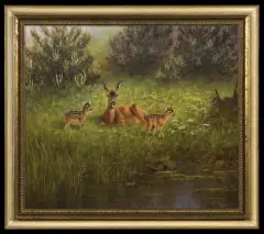 SARNA Z KOŹLĘTAMI NAD WODĄ by Georg (George) Majewicz, 1961, olej, płótno, offered Jul 2015