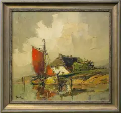 RYBACKA CHATA by Rudolf Priebe, olej, tektura, sold Jul 2015