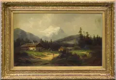 Julius Schönrock, PEJZAŻ ALPEJSKI Z WĘDROWCEM, olej, płótno