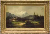 Julius Schönrock, PEJZAŻ ALPEJSKI Z WĘDROWCEM, olej, płótno
