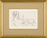 Portret kobiety na kanapie by Hanna Rudzka-Cybisowa, tusz pióro, papier kremowy, sold Jun 2015