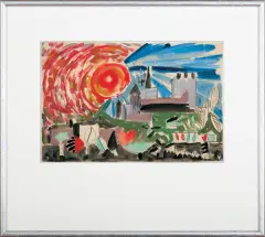 Kazimierz Ostrowski, PEJZAŻ SŁONECZNY, gwasz, atrament sepiowy pióro, papier