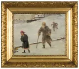 Teodor Axentowicz, Z HUCULSZCZYZNY. POWRÓT Z CERKWI, olej, płótno naklejone na tekturę