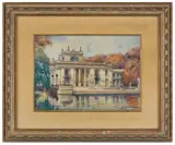PAŁAC NA WODZIE W ŁAZIENKACH WARSZAWSKICH by Władysław Chmieliński, akwarela, papier, sold Jun 2015