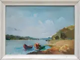 Łodzie przy brzegu by Stanisław Jan Łazorek, 1976, olej, płótno, sold May 2015