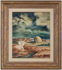 Boleslaw Cybis, PEJZAŻ Z BIEGNĄCĄ POSTACIĄ KOBIECĄ, 1948, pastel, ołówek, papier