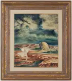 Boleslaw Cybis, PEJZAŻ Z BIEGNĄCĄ POSTACIĄ KOBIECĄ, 1948, pastel, ołówek, papier