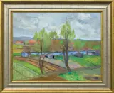 PEJZAŻ Z NIEBIESKIMI CHATAMI by Wojciech Weiss, olej, płótno, sold Mar 2015