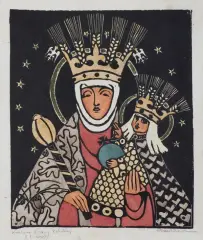 Aniela Pawlikowska, KRÓLOWA KORONY POLSKIEJ, OK. 1935, linoryt kolorowany akwarelą i złocony, papier