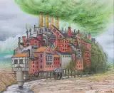Fabryka zieleni by Jacek Yerka, kredki, ołówek, karton, sold Feb 2015