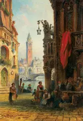 Franz Auguste Rezia, ULICZNI SPRZEDAWCY W WENECJI, 1881, olej, deska