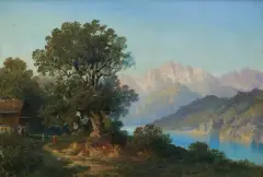 Hermann Bennekenstein, KRAJOBRAZ GÓRSKI Z JEZIOREM, olej, płótno