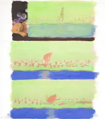 Maria Rostocka, Niedźwiedź, kot i królik, 2010, gwasz, ołówek, karton
