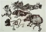 Z serii: Folwark zwierzęcy by Jan Lebensztejn, 1974, litografia barwna, papier, sold Nov 2014
