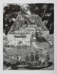 Jerzy Jędrysiak, Nocne manewry łapaczy psów, 1994, linoryt, papier
