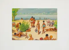 Jerzy Szelągowski, Plaża w mieście, 1958, tusz pióro, akwarela, papier