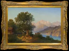 Hermann Bennekenstein, KRAJOBRAZ GÓRSKI Z JEZIOREM, olej, płótno