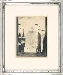 Widok z okna pracowni na Bramę Floriańską by Wojciech Weiss, drzeworyt, bibułka, sold Jun 2014