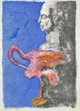 Kompozycja z posągiem i flamingiem by Jan Lebensztejn, litografia barwna, karton, sold Apr 2014