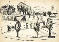 Alfons Mazurkiewicz, Pejzaż z drzewami, tusz patyk, lawowanie, papier kremowy