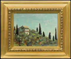 Jan Bohuszewicz, CYPRYSY NA STOKU PAGÓRKA, 1931, olej, karton