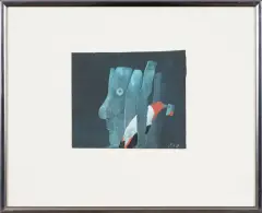 Stasys Eidrigevičius, Głowa z ptakiem, gwasz, papier czarny